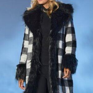 Boston Proper Bagatelle Buffalo Plaid Faux Fur Coat Medium NWT